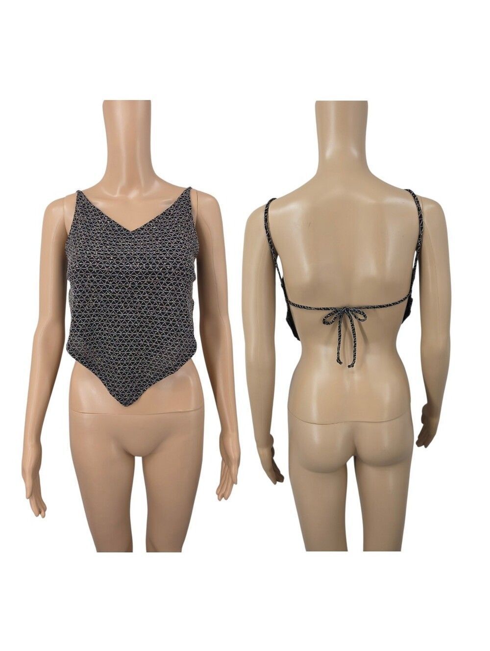 Vintage V-Neck Handkerchief Hem Tank Top Open Back Backless Bandana Style Black